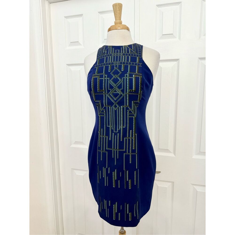 Karen Millen Womens Navy Blue Tribal Print Embroidered Pencil Dress Size 8